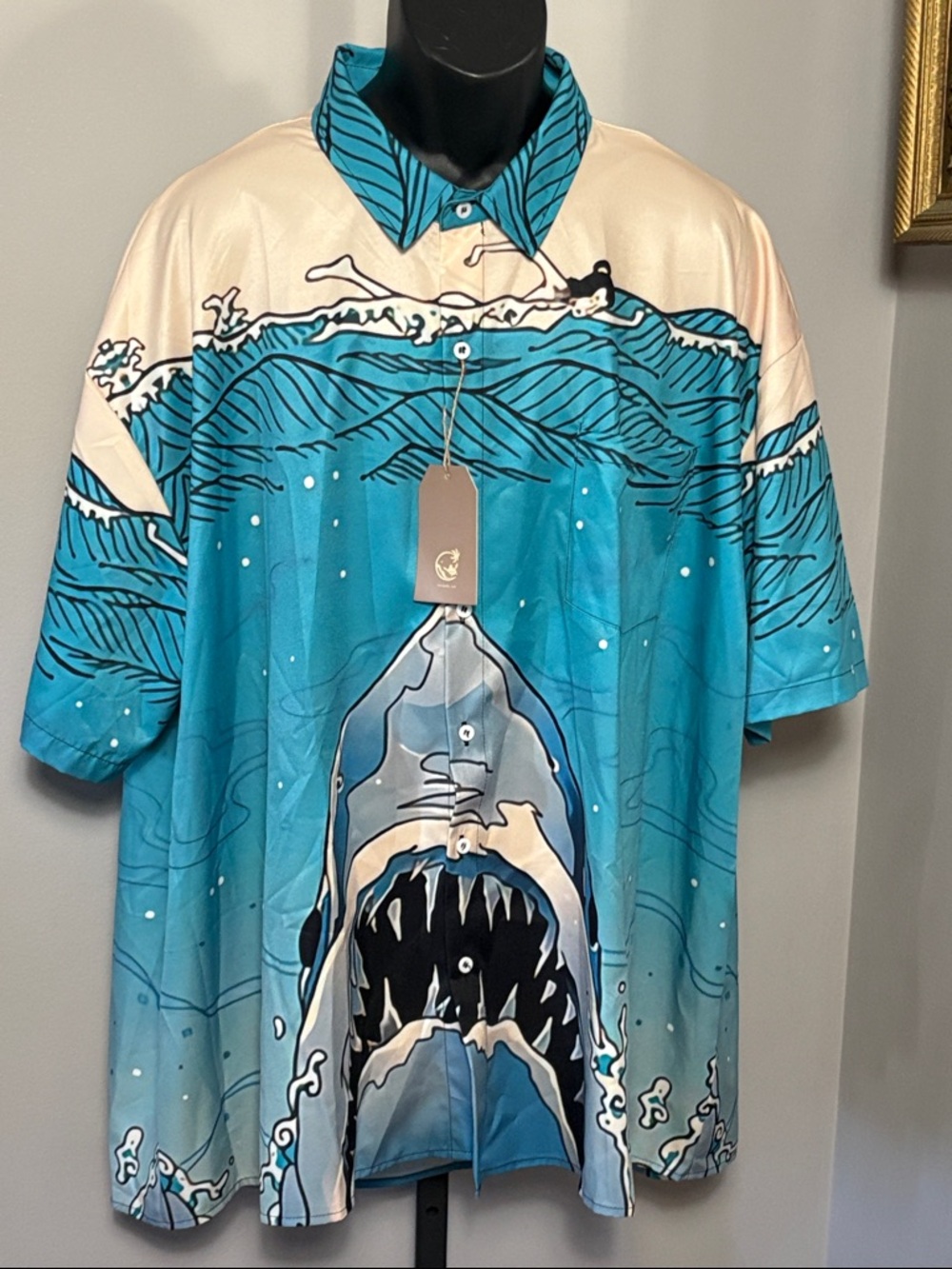 NEW Hardaddy 4XL Jaws Graphic Shark Button Up Shirt in Teal and Cream NWT